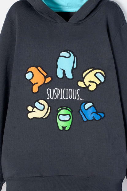 BUZO DE AMONG US CERRADO CON CAPUCHA GRIS PARA NIÑO