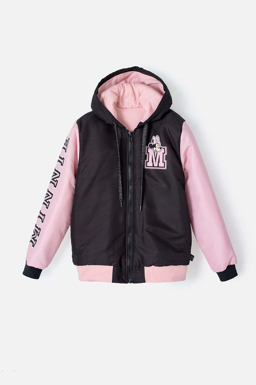 CHAQUETA DE MINNIE MOUSE NEGRA Y ROSADA IMPERMEABLE PARA NIÑA