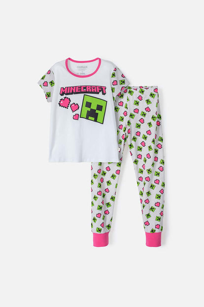 PIJAMA DE MINECRAFT CON PANTALÓN LARGO  BLANCA, FUCSIA Y GRIS PARA NIÑA