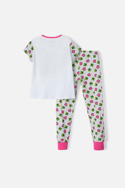 PIJAMA DE MINECRAFT CON PANTALÓN LARGO  BLANCA, FUCSIA Y GRIS PARA NIÑA