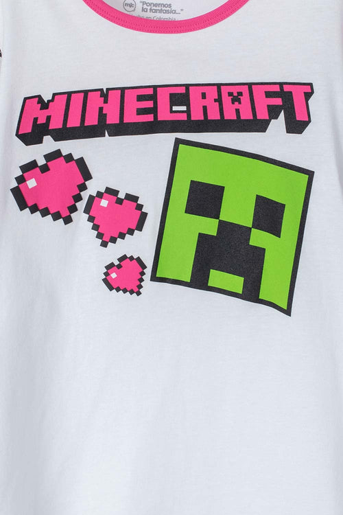 PIJAMA DE MINECRAFT CON PANTALÓN LARGO  BLANCA, FUCSIA Y GRIS PARA NIÑA
