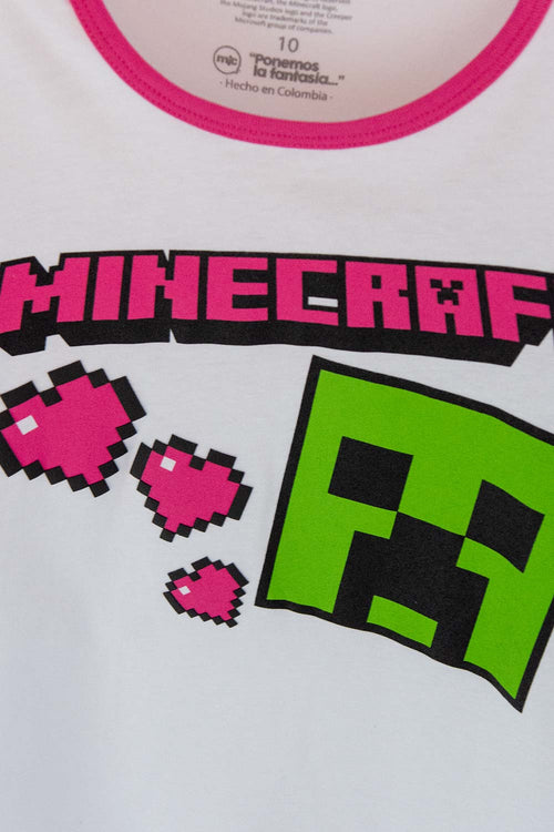 PIJAMA DE MINECRAFT CON PANTALÓN LARGO  BLANCA, FUCSIA Y GRIS PARA NIÑA