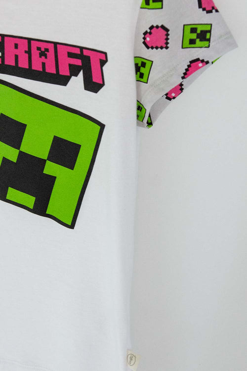 PIJAMA DE MINECRAFT CON PANTALÓN LARGO  BLANCA, FUCSIA Y GRIS PARA NIÑA
