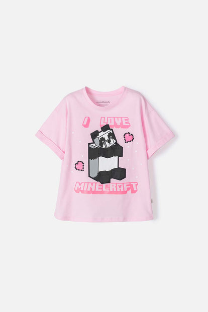 CAMISETA DE MINECRAFT ROSADA MANGA CORTA PARA NIÑA