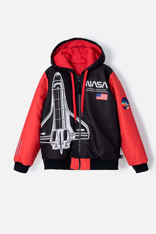 CHAQUETA DE LA NASA CON CAPUCHA NEGRA Y ROJA PARA NIÑO