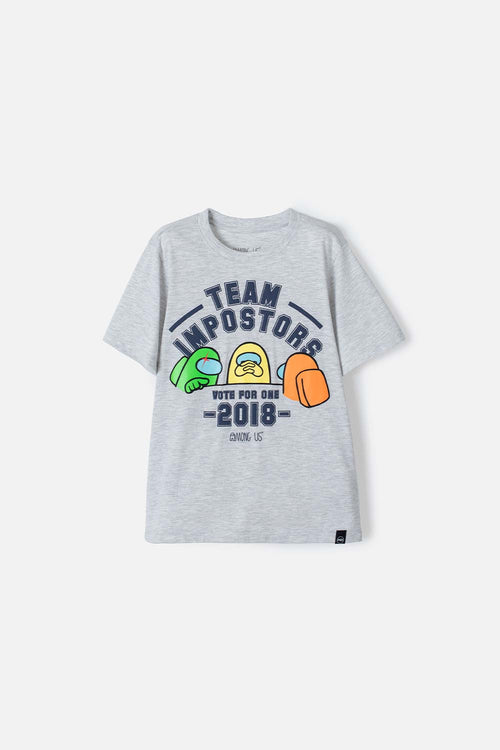 Card slide image -  CAMISETA DE AMONG US MANGA CORTA GRIS JASPE PARA NIÑO