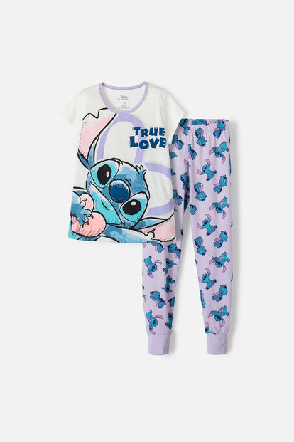 PIJAMA DE STITCH DE PANTALÓN LARGO MARFIL Y LILA PARA NIÑA