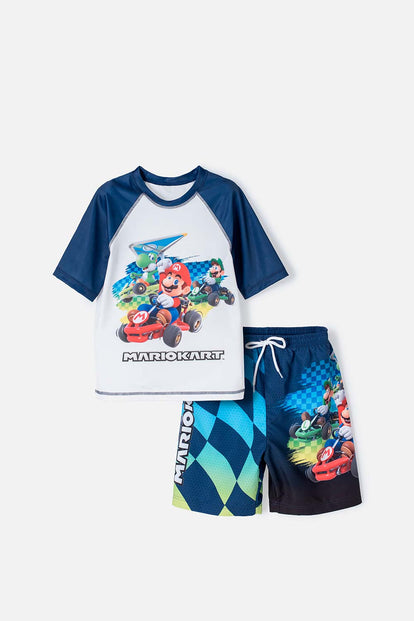 CONJUNTO DE BAÑO MARIO BROSS CON MANGA CORTA  BLANCO Y AZUL PARA NIÑO