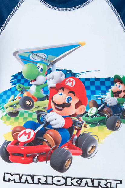 CONJUNTO DE BAÑO MARIO BROSS CON MANGA CORTA  BLANCO Y AZUL PARA NIÑO
