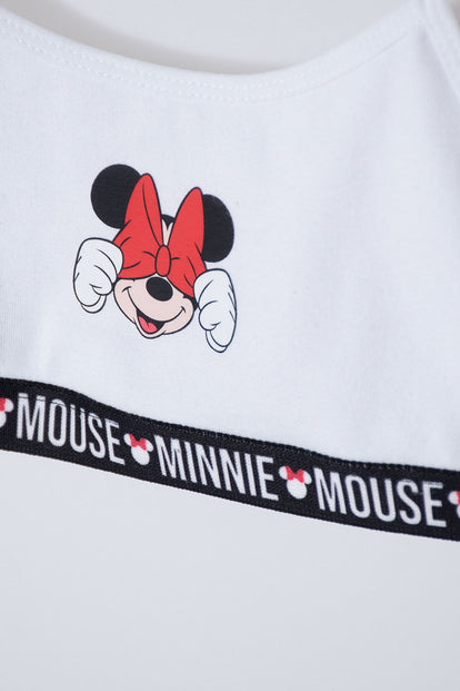 CONJUNTO DE TOP Y PANTY DE MINNIE MOUSE BLANCO Y ROJO PARA NIÑA