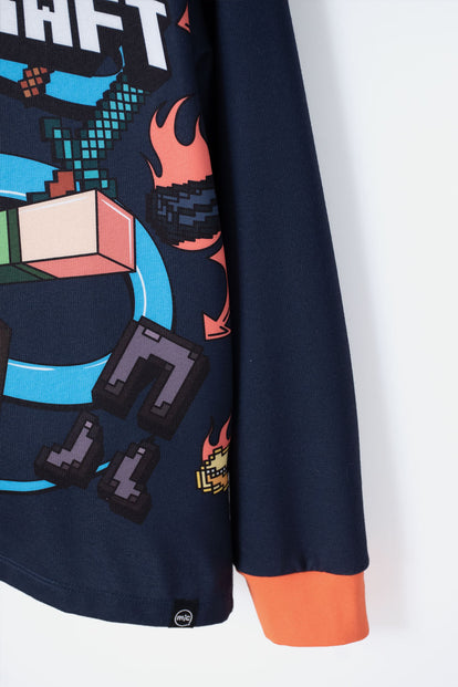 PIJAMA DE MINECRAFT CON PANTALÓN LARGO AZUL Y NARANJA PARA NIÑO