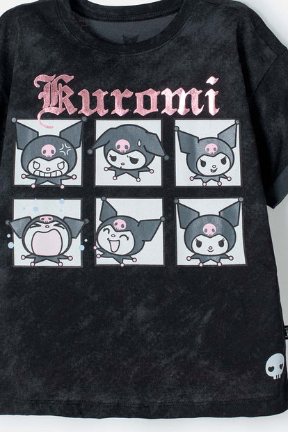 CAMISETA DE KUROMI MANGA CORTA GRIS GRAFITO PARA NIÑA