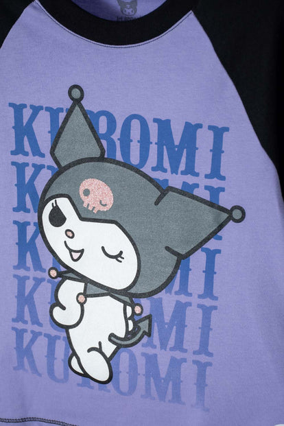 CAMISETA DE KUROMI MANGA CORTA LILA Y NEGRO PARA NIÑA