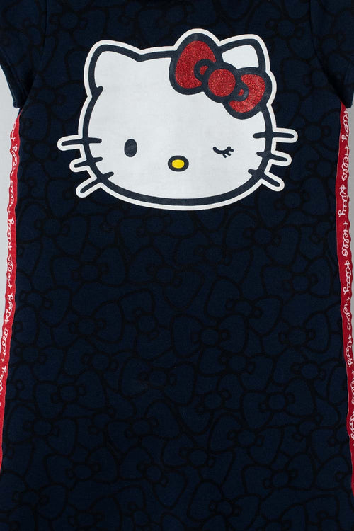 Card slide image -  VESTIDO DE HELLO KITTY AZUL OSCURO Y ROJO CON CAPUCHA PARA NIÑA