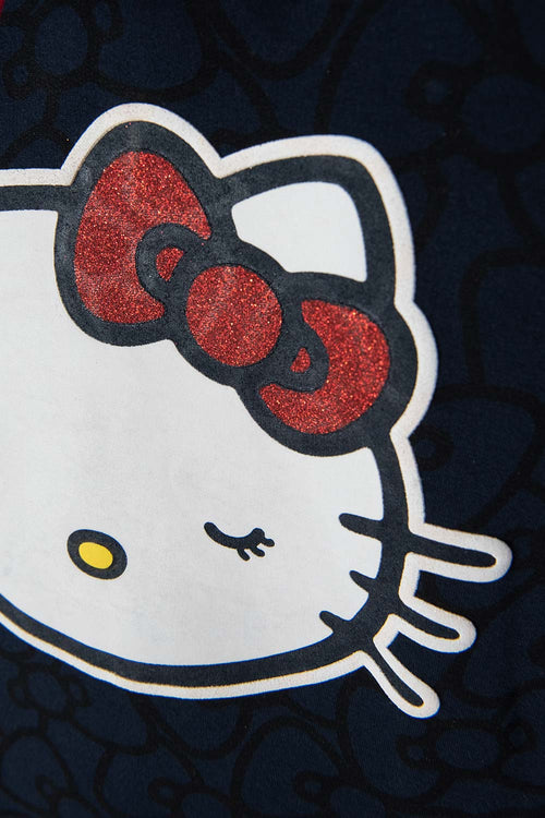 Card slide image -  VESTIDO DE HELLO KITTY AZUL OSCURO Y ROJO CON CAPUCHA PARA NIÑA