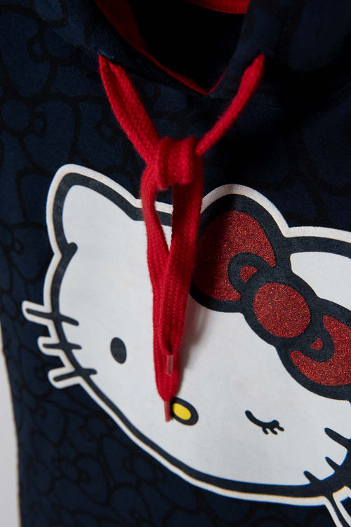 Card slide image -  VESTIDO DE HELLO KITTY AZUL OSCURO Y ROJO CON CAPUCHA PARA NIÑA