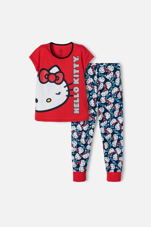 Card slide image -  PIJAMA DE HELLO KITTY ROJA Y AZUL DE PANTALÓN LARGO PARA NIÑA