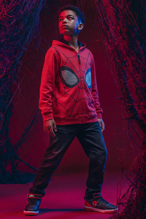 BUZO DE SPIDERMAN CERRADO ROJO Y NEGRO PARA NIÑO
