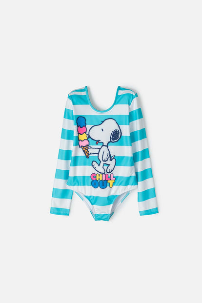 VESTIDO DE BAÑO DE SNOOPY BLANCO Y TURQUESA CON ESTAMPADO PARA NIÑA