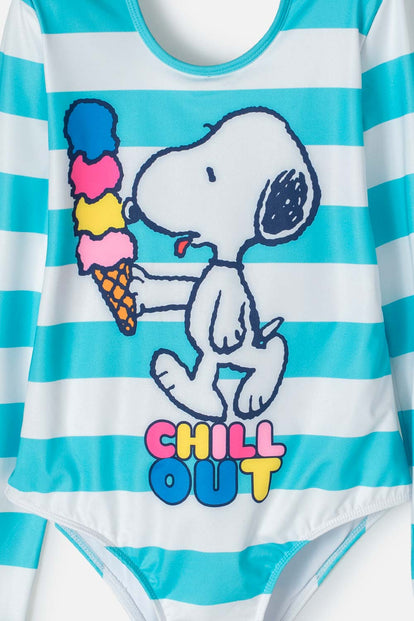  VESTIDO DE BAÑO DE SNOOPY BLANCO Y TURQUESA CON ESTAMPADO PARA NIÑA