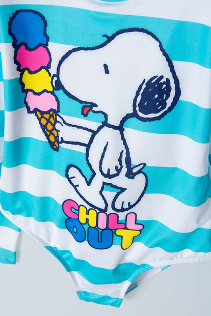 VESTIDO DE BAÑO DE SNOOPY BLANCO Y TURQUESA CON ESTAMPADO PARA NIÑA