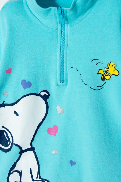BUZO DE SNOOPY AZUL TURQUESA CON CIERRE EN CUELLO PARA NIÑA