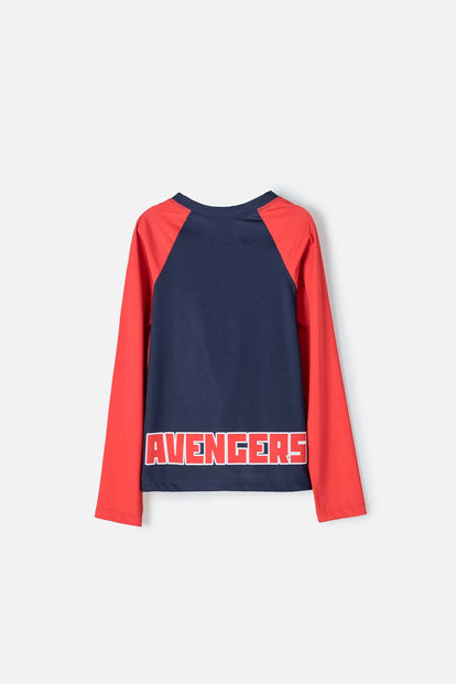 CAMISETA DE BAÑO MARVEL MANGA LARGA ROJO Y AZUL PARA NIÑO