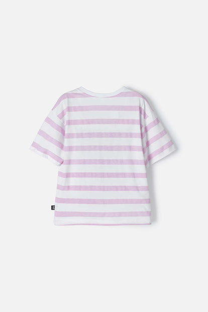 CAMISETA DE KUROMI ROSADA Y BLANCA CON DISEÑO A RAYAS PARA NIÑA