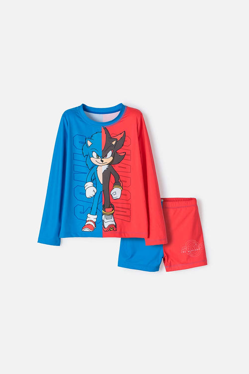 CONJUNTO DE BAÑO DE SONIC MANGA LARGA AZUL Y ROJO PARA NIÑO