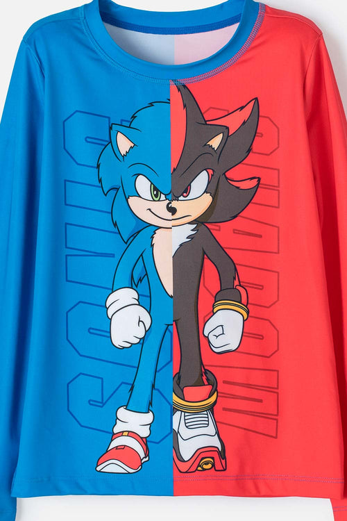 CONJUNTO DE BAÑO DE SONIC MANGA LARGA AZUL Y ROJO PARA NIÑO