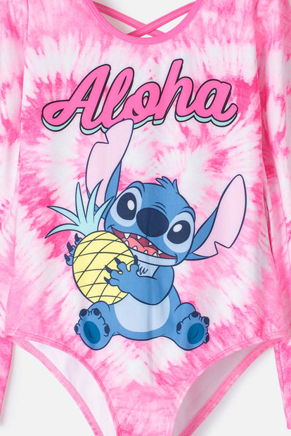 VESTIDO DE BAÑO DE STITCH FUCSIA MANGA LARGA PARA NIÑA