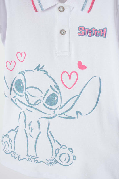 CAMISETA TIPO POLO DE STITCH BLANCO PARA NIÑA