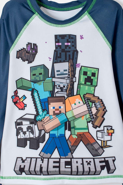 CAMISETA DE BAÑO MINECRAFT MANGA LARGA AZUL Y BLANCO PARA NIÑO