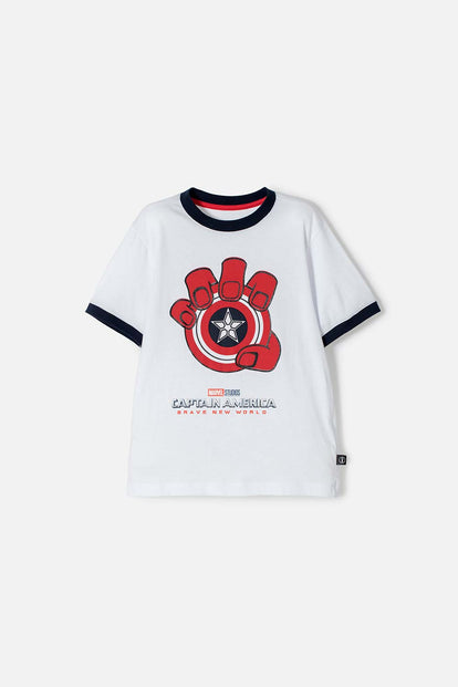 CAMISETA DEL CAPITÁN AMÉRICA BLANCA, AZUL OSCURA Y ROJA DE MANGA CORTA PARA NIÑO