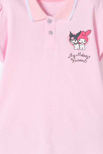 CAMISETA TIPO POLO DE MY MELODY & KUROMI ROSADA PARA NIÑA