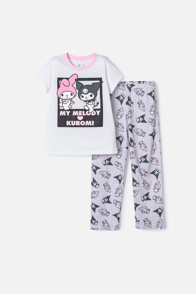 PIJAMA DE MY MELODY & KUROMI GRIS Y BLANCO PARA NIÑA