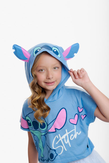 CAMISETA DE STITCH CON CAPUCHA AZUL PARA NIÑA