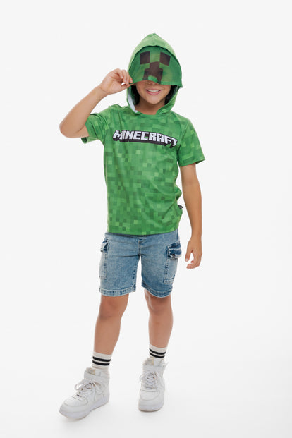 CAMISETA DE MINECRAFT CON CAPUCHA VERDE PARA NIÑO