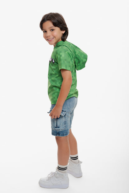 CAMISETA DE MINECRAFT CON CAPUCHA VERDE PARA NIÑO