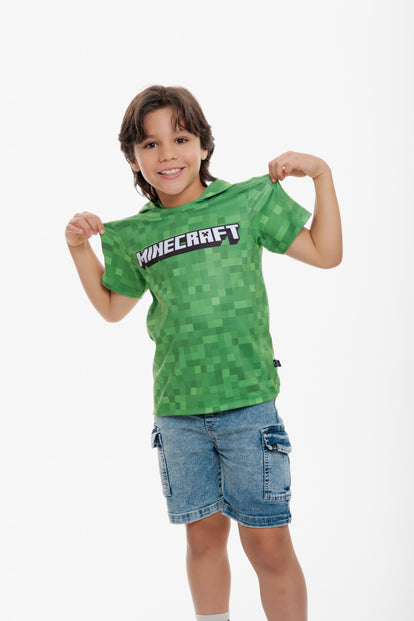 CAMISETA DE MINECRAFT CON CAPUCHA VERDE PARA NIÑO