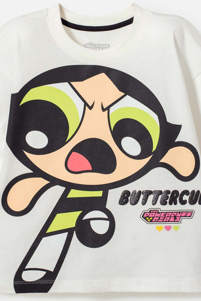 CAMISETA DE LAS CHICAS SUPERPODEROSAS MARFIL MANGA CORTA PARA NIÑA
