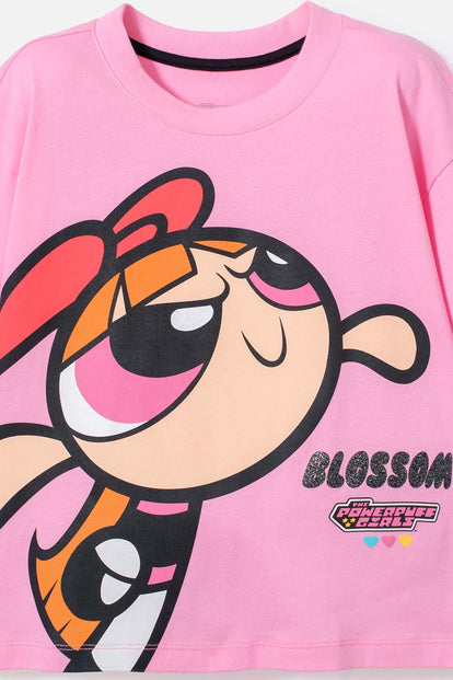 CAMISETA DE LAS CHICAS SUPERPODEROSAS ROSADA MANGA CORTA PARA NIÑA