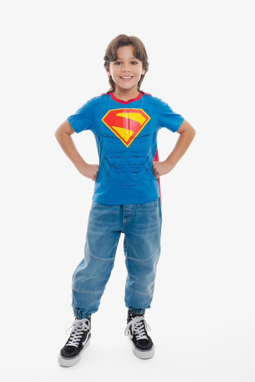 CAMISETA DE SUPERMAN CON CAPA AZUL Y ROJO PARA NIÑO