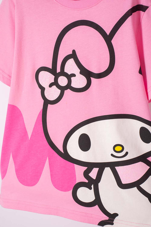 Card slide image -  CAMISETA DE MY MELODY & KUROMI ROSADA CON ESTAMPADO EN FRENTE PARA NIÑA