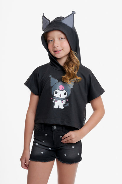 CAMISETA DE KUROMI CON CAPUCHA NEGRO PARA NIÑA