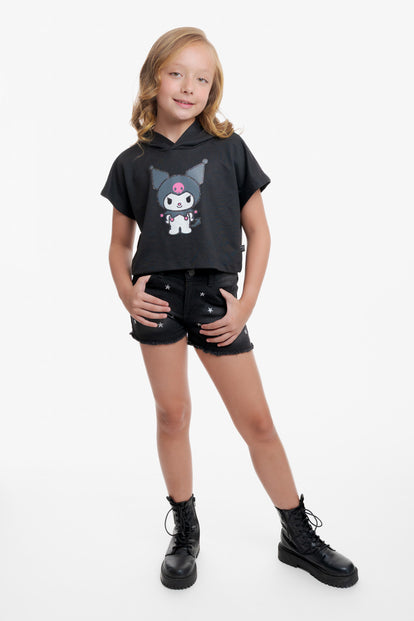 CAMISETA DE KUROMI CON CAPUCHA NEGRO PARA NIÑA