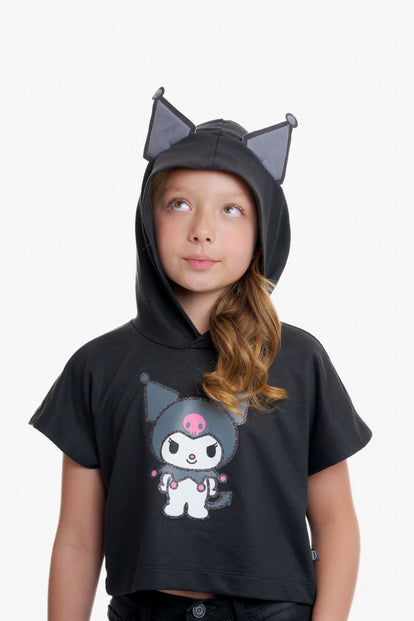 CAMISETA DE KUROMI CON CAPUCHA NEGRO PARA NIÑA
