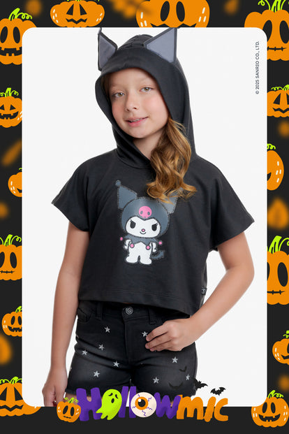 CAMISETA DE KUROMI CON CAPUCHA NEGRO PARA NIÑA
