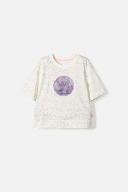CAMISETA DE STITCH MANGA CORTA MARFIL PARA NIÑA NIÑA
