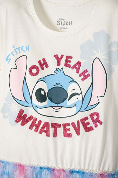 VESTIDO DE STITCH MANGA CORTA MARFIL PARA NIÑA
